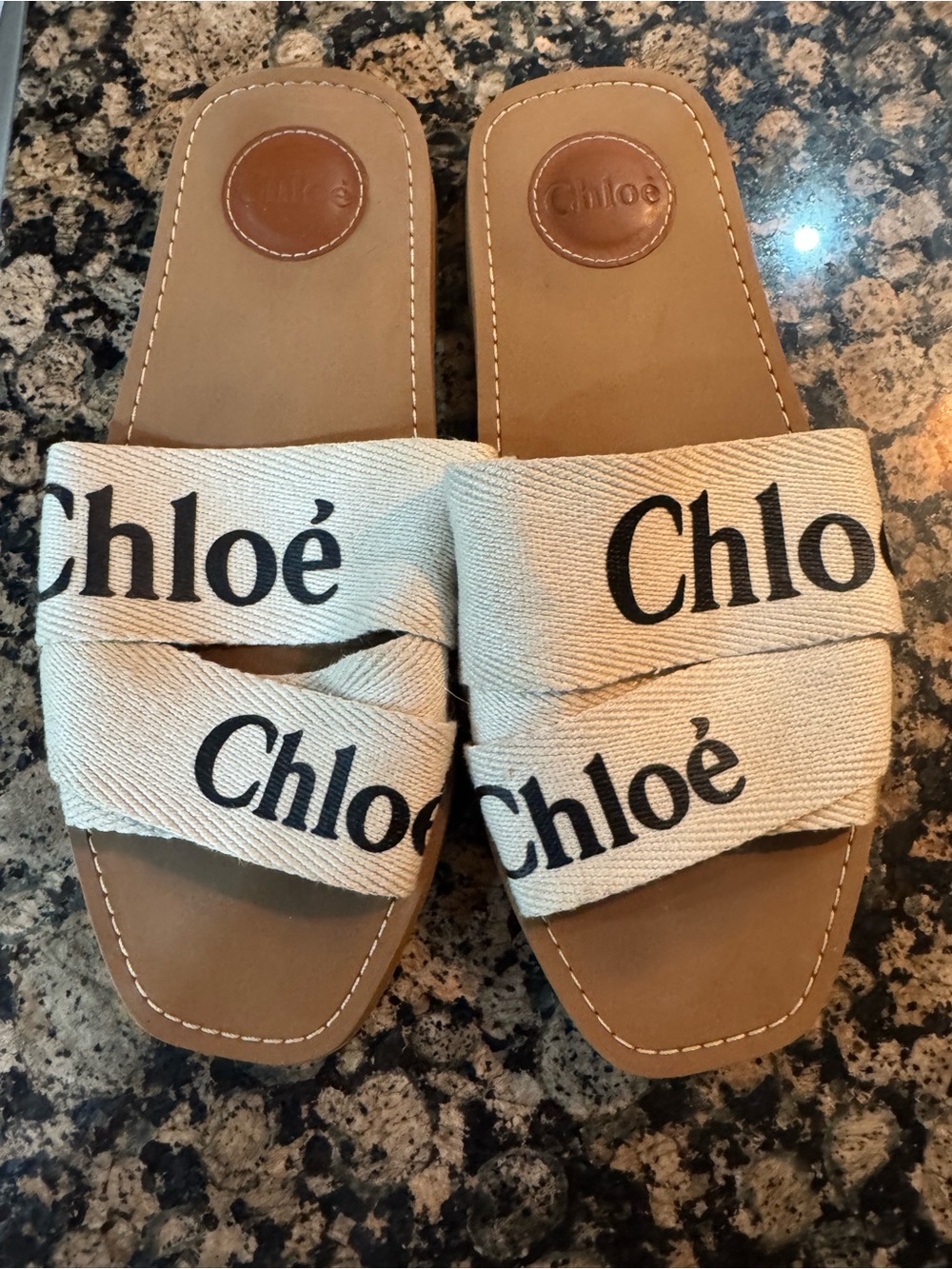 Chloé Beige Canvas Logo Crossband Slide Sandals